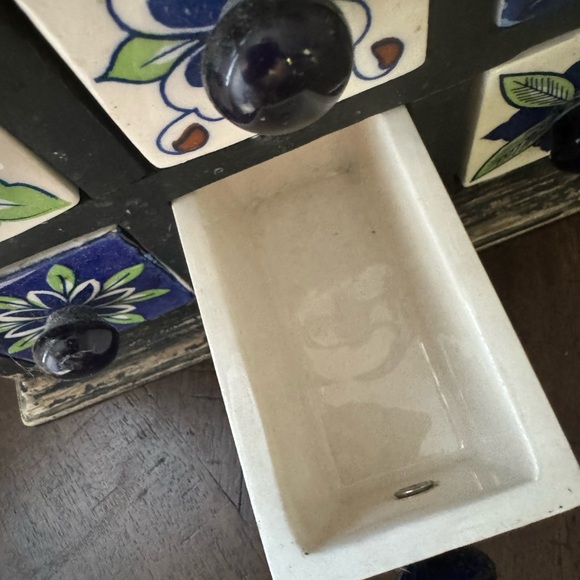 Wooden Tea Trinket Seasoning Cabinet 9 Hand Painted Ceramic Drawers Apothecary - Picture 5 of 9